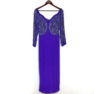 Alyce Originals Vintage 100% Silk Fully Beaded Long Sleeve Dress Purple Size 10